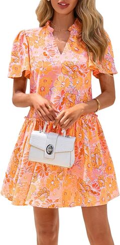 BTFBM Women Summer Dresses 2025 Short Sleeve V Neck Tiered Ruffle Boho Swing Dress A-Line Floral Mini Dresses in Kuwait