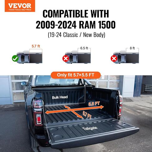 غطاء Tonneau القابل للسحب ، وغطاء Tonneau القابل للسحب ، 5.7 قدمًا ، مع أنبوب تصريف مدمج لعام 2021-2024 Dodge Ram 1500 Crew Cab ، تصميم مخصص مع قفل مزدوج و T-Slot in Kuwait