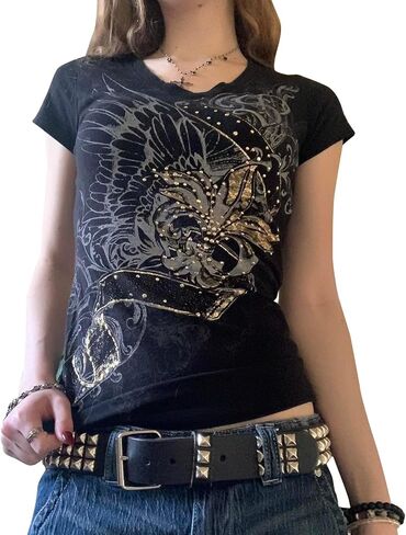 نساء Y2K Rhinestone Cross T-Shirt قميص قصير جولة الرقبة الرجعية عتيقة طباعة نحيف محصول أعلى القوطية الشارع الشارع in Kuwait