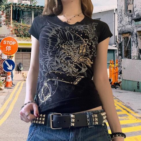 نساء Y2K Rhinestone Cross T-Shirt قميص قصير جولة الرقبة الرجعية عتيقة طباعة نحيف محصول أعلى القوطية الشارع الشارع in Kuwait