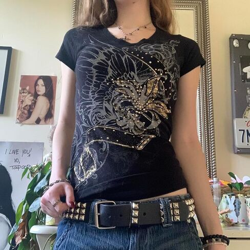 نساء Y2K Rhinestone Cross T-Shirt قميص قصير جولة الرقبة الرجعية عتيقة طباعة نحيف محصول أعلى القوطية الشارع الشارع in Kuwait