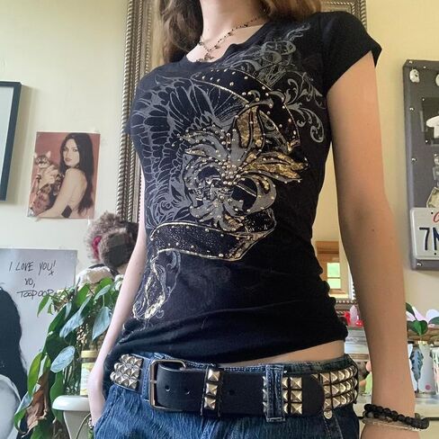 نساء Y2K Rhinestone Cross T-Shirt قميص قصير جولة الرقبة الرجعية عتيقة طباعة نحيف محصول أعلى القوطية الشارع الشارع in Kuwait