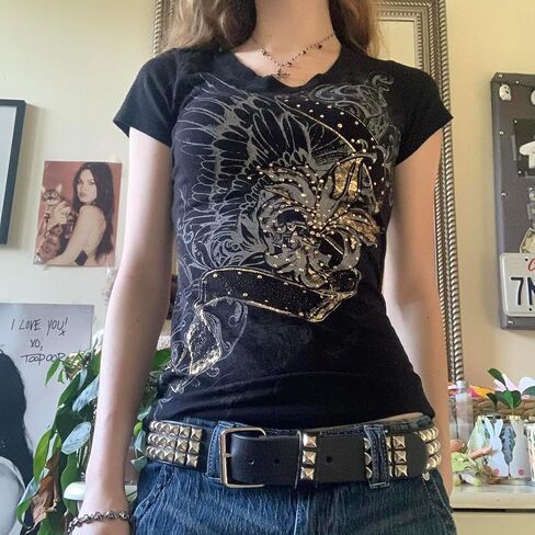 نساء Y2K Rhinestone Cross T-Shirt قميص قصير جولة الرقبة الرجعية عتيقة طباعة نحيف محصول أعلى القوطية الشارع الشارع in Kuwait