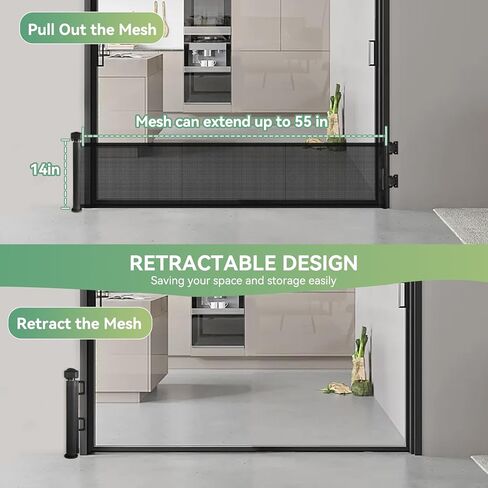 14" Tall Short Dog Gate to Step Over, Retractable Mesh Pet Door for Small Puppy, Extended up to 59" Wide for Indoor Stairs Doorways and Hallway(White) in Kuwait