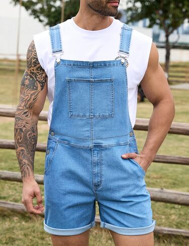 Bindefon Denim Overalls for Men Jean Shorts Jumpsuit Work Bibs Coveralls with Zipper in Saudi Arabia