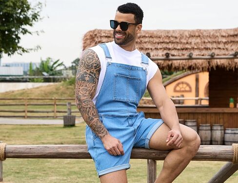Bindefon Denim Overalls for Men Jean Shorts Jumpsuit Work Bibs Coveralls with Zipper in Saudi Arabia