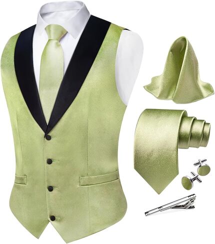DiBanGu Mens Vest Formal Solid Color Waistcoat and Tie Pocket Square Set Satin Shawl Lapel Dress Vest Wedding Business in Saudi Arabia