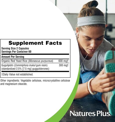 Natures Plus Herbal Actives Red Yeast Rice Gugulipid - 450 mg, 120 Vegan Capsules - Heart Health Supplement, Cholesterol Support - Vegetarian, Gluten-Free - 120 Servings in Kuwait