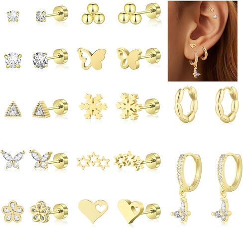 Wgoud 12 Pairs Hypoallergenic Surgical Steel Earrings for Sensitive Ears Waterproof Trendy Gold Plated Small Stud Flat Back Stainless Steel Earrings for Women Men Hoop Cartilage Earring Set for Multiple Piercing in Kuwait