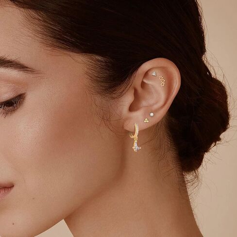 Wgoud 12 Pairs Hypoallergenic Surgical Steel Earrings for Sensitive Ears Waterproof Trendy Gold Plated Small Stud Flat Back Stainless Steel Earrings for Women Men Hoop Cartilage Earring Set for Multiple Piercing in Kuwait