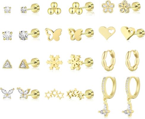 Wgoud 12 Pairs Hypoallergenic Surgical Steel Earrings for Sensitive Ears Waterproof Trendy Gold Plated Small Stud Flat Back Stainless Steel Earrings for Women Men Hoop Cartilage Earring Set for Multiple Piercing in Kuwait