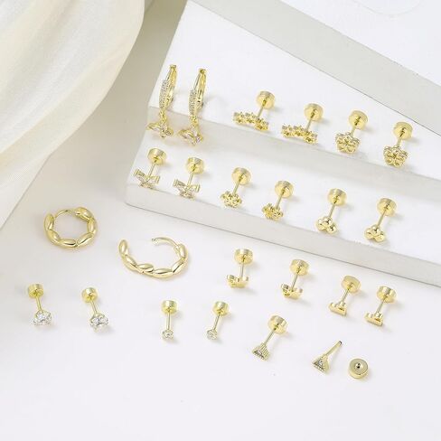 Wgoud 12 Pairs Hypoallergenic Surgical Steel Earrings for Sensitive Ears Waterproof Trendy Gold Plated Small Stud Flat Back Stainless Steel Earrings for Women Men Hoop Cartilage Earring Set for Multiple Piercing in Kuwait