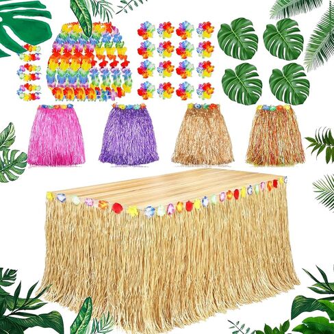 Luau Grass Table Skirt Natural 9 Feet x 29.5 Inch Hawaiian Table Skirt, 6pc Tropical Green Leaves, 6pcs Hawaiian Leis for Luau Party for Tropical Hawaiian Party Decorations Luau Party Costume Party in Kuwait