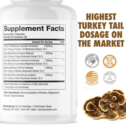 دكتور. Emil Nutrition 9000mg Lions Lions Mane Capsules مع Chaga و Reishi & Maitake - Mushroom Blend لدعم العافية in Kuwait