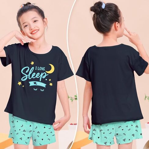 Play Tailor Girls Pajamas for Kids 2 PCS Summer Pjs Set Short Sleeve Top and Shorts Sleepwear for Teen Girl in Kuwait