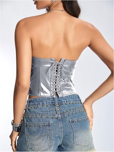 Floerns Women's PU Leather Bandeau Lace Up Back Y2k Club Strapless Tube Top in Saudi Arabia
