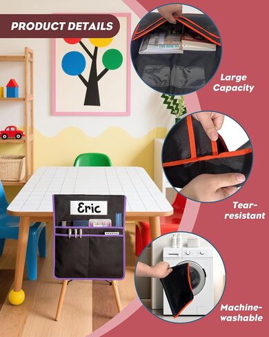 24 PCS Chair Pockets for Classroom,20"x17" Large Chair Pockets,Student Chair Pockets k-2, seat Sacks for Classroom Chairs with Name Tag 24,for Classroom School Home Kindergarten Black in Kuwait