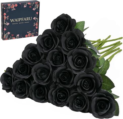 Waipfaru Halloween Flowers, Fake Black Roses Artificial Flowers, Artificial Roses with Long Stems, Faux Silk Roses for Wedding Bouquet Table Centerpieces Indoor Outdoor Decor (10 Pcs, Black) in Kuwait