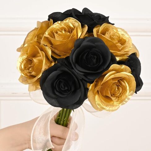 Waipfaru Halloween Flowers, Fake Black Roses Artificial Flowers, Artificial Roses with Long Stems, Faux Silk Roses for Wedding Bouquet Table Centerpieces Indoor Outdoor Decor (10 Pcs, Black) in Kuwait
