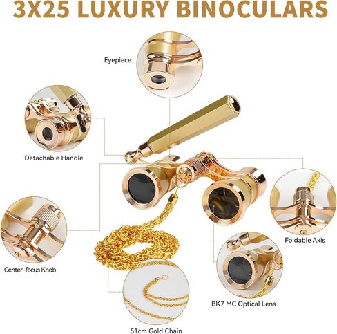3X25 Opera Glasses for Women with Adjustable Handle & Chain,BK9 Optical Lens, Vintage Compact Mini Theater Binoculars Adults Kids in Opera Musical Concert-White in Kuwait