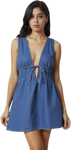 ربطة عنق النساء الدنيم المصغر فستان عميق الخامس عن الرقبة بلا أكمام in Kuwait