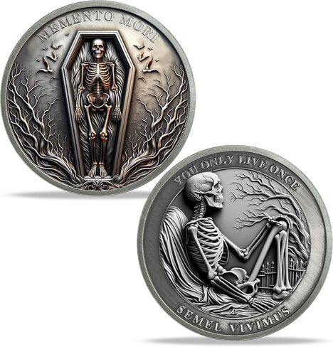 Memento Mori Coin Stoic Coin Blue White Celadon Porcelain Skull Hourglass Memento Vivere Carpe Diem Mortality Amor Fati Medallion Time Commemorative Coin Keepsake Reminder Gifts for Family Friends in Kuwait