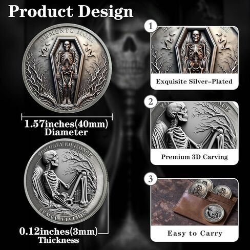 Memento Mori Coin Stoic Coin Blue White Celadon Porcelain Skull Hourglass Memento Vivere Carpe Diem Mortality Amor Fati Medallion Time Commemorative Coin Keepsake Reminder Gifts for Family Friends in Kuwait