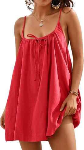 Fisoew Womens Spaghetti Strap Swimsuit Coverup Linen Linen Tie Backlessless Oclessed Beach Cami Mini Dress مع جيوب in Kuwait