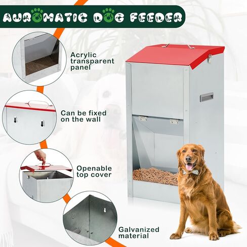 2 Pcs Large Automatic Dog Feeders with Handle Acrylic Panel Galvanized Gravity Feeder Outdoor Hanging for Doggie Breed Dog Food Dispenser Container in Kuwait
