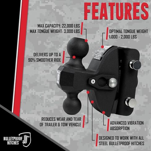BulletProof Hitches - Extreme Duty Road Suppressor Dual Ball 2" and 2-5/16" - Suspension Hitch Rated to 36,000 lbs - Shock Absorbing Hitch Reduces Vibrations for a Smoother Ride in Saudi Arabia
