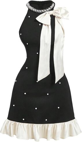 Floerns Women's Cute Bowknot Halter Dress Pearl Beaded Ruffle Hem Party Mini Dresses in Saudi Arabia