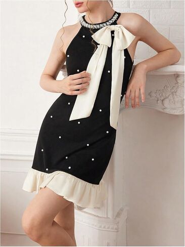 Floerns Women's Cute Bowknot Halter Dress Pearl Beaded Ruffle Hem Party Mini Dresses in Saudi Arabia