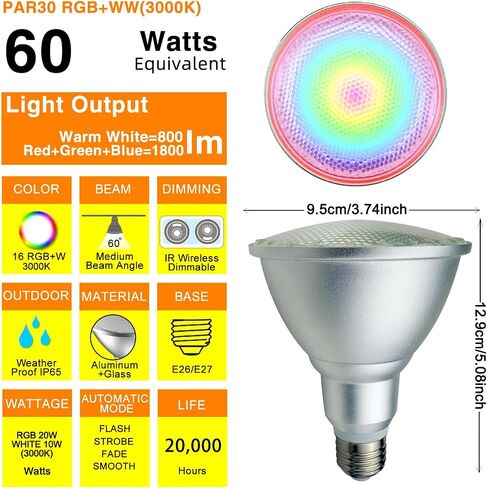 2Pack PAR30S LED Light Bulb, 30W RGB+Warm White LED Flood Light Indoor/Outdoor, Dimmable Color Changing Spotlight with Remote Control, Lawn Lamp for Home Courtyard Christmas Party Decoration in Saudi Arabia