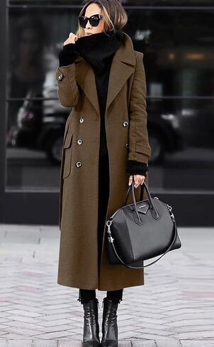 chouyatou Women's Winter Double Breasted Wool Coat Business Casual Long Winter Pea Coat with Belt in Saudi Arabia