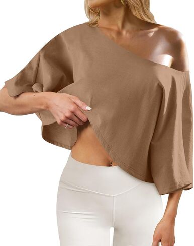 Off The Shoulder Tops Oversized Short Sleeve Crop Tee Shirt Casual Loose Workout T-Shirt 2025 Summer Fashion Clothes in Saudi Arabia