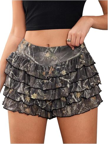 Verdusa Women's Vintage Cheetah Print Ruffle Shorts Tiered Layered Micro Shorts Low Waist Bloomers in Kuwait