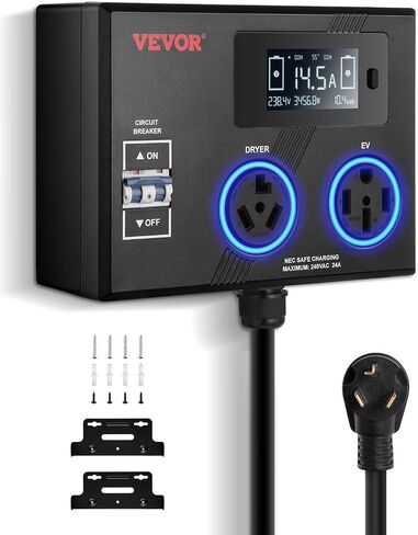 Vevor nema Splitter for Dryer و EV ، مؤشر LED 3 ألوان ، توزيع الطاقة الذكي 240V ، مع NEMA 14-30 قابس ، اثنين من المنافذ NEMA 14-30 ، شاشة 3.4 '' LCD ، الحد الأقصى 27A (مجفف)/24A (EV) ، ETL معتمد in Kuwait