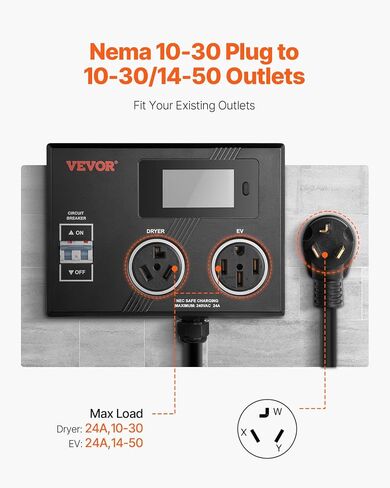 Vevor nema Splitter for Dryer و EV ، مؤشر LED 3 ألوان ، توزيع الطاقة الذكي 240V ، مع NEMA 14-30 قابس ، اثنين من المنافذ NEMA 14-30 ، شاشة 3.4 '' LCD ، الحد الأقصى 27A (مجفف)/24A (EV) ، ETL معتمد in Kuwait