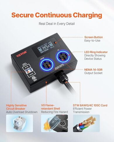 Vevor nema Splitter for Dryer و EV ، مؤشر LED 3 ألوان ، توزيع الطاقة الذكي 240V ، مع NEMA 14-30 قابس ، اثنين من المنافذ NEMA 14-30 ، شاشة 3.4 '' LCD ، الحد الأقصى 27A (مجفف)/24A (EV) ، ETL معتمد in Kuwait