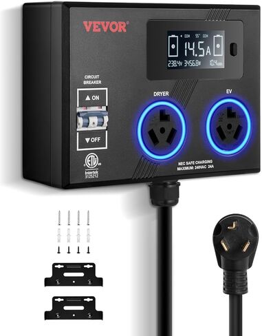 VEVOR NEMA Splitter for Dryer and EV, 3-Color LED Indicator, 240V Smart Power Distribution, with NEMA 14-30 Plug, Two NEMA 14-30 Outlets, 3.4'' LCD Screen, Max 27A (Dryer)/24A (EV), ETL Certified in Kuwait