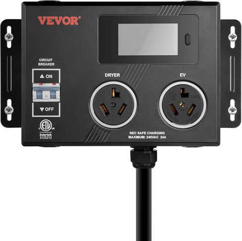 VEVOR NEMA Splitter for Dryer and EV, 3-Color LED Indicator, 240V Smart Power Distribution, with NEMA 14-30 Plug, Two NEMA 14-30 Outlets, 3.4'' LCD Screen, Max 27A (Dryer)/24A (EV), ETL Certified in Kuwait