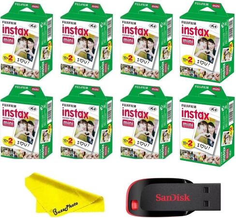Fujifilm Instax Mini Instant Camera Film with Sandisk 32 GB USB Flash Drive + 15 x Mini Twin Packs (300 Sheets) and Buzz-Photo Microfiber Cleaning Cloth in Saudi Arabia
