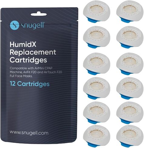 Snugell AirMini HumidX – 12-Pack Replacement Cartridges – Designed for ResMed AirMini CPAP Machines – Compatible with AirFit & AirTouch F20 Full-Face Masks – Enhances Humidity for Improved Comfort in Saudi Arabia