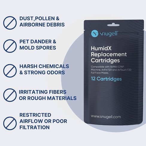 Snugell AirMini HumidX – 12-Pack Replacement Cartridges – Designed for ResMed AirMini CPAP Machines – Compatible with AirFit & AirTouch F20 Full-Face Masks – Enhances Humidity for Improved Comfort in Saudi Arabia