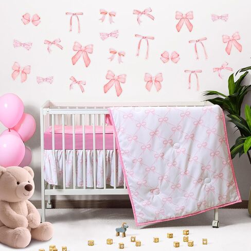 5 Pcs Pink Bow Theme Crib Bedding Set Include Bow Knot Print Crib Sheets Bed Skirt Comforter Pad Cover Wall Stickers for Girls Princess Nursery Room Decoration in Saudi Arabia