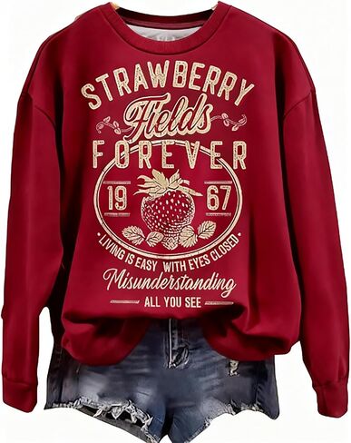 BOMYTAO Vintage Rock Band Sweatshirts for Women Fashion Country Music Pullover Beatle Strawberry Fields 1967 Long Sleeve Top in Saudi Arabia