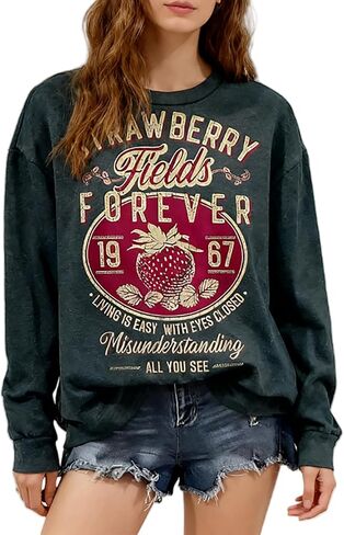 BOMYTAO Vintage Rock Band Sweatshirts for Women Fashion Country Music Pullover Beatle Strawberry Fields 1967 Long Sleeve Top in Saudi Arabia
