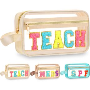 Pinkunn Chenille Letter Bag Clear Makeup Pouch Cute Preppy Letter Patch Cosmetic Bag with Zipper Nylon Waterproof Portable Travel Purse Toiletry Organizer for Appreciation Gift (Teal,Sun) in Saudi Arabia