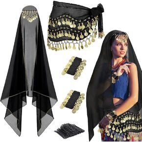 4Pcs Belly Dancer Outfit Sets, Chiffon Head Scarf with Head Piece, Belly Dancing Hip Scarf with Sequins Coins, 2 Gold Coin Wrist Bracelets, 50 Bobby Pins, Belly Dancer Costumes for Women in Kuwait
