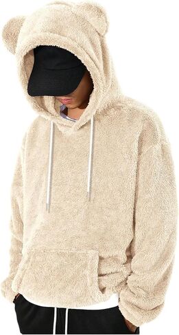 Men's Bear Ear Hoodies Drawstring Long Sleeve Fleece Sweatshirt Fuzzy Pullover Tops in Saudi Arabia